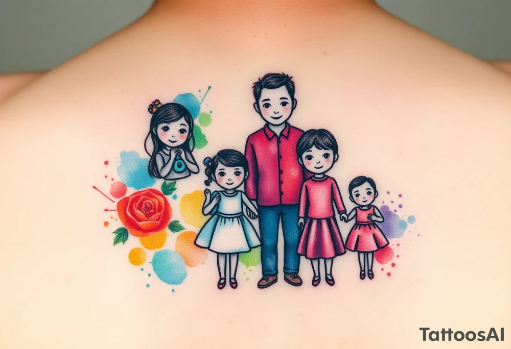 Family 2 parents 2 kids with colour around the caracters tattoo idea