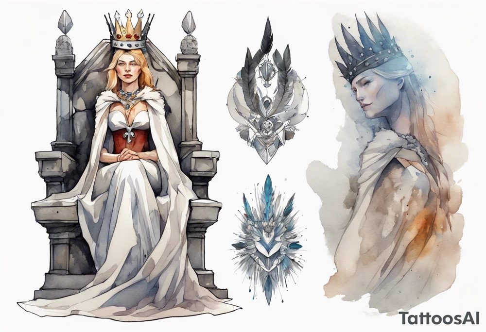 a Germanic queen wearing a simple iron crown, wearing a feather cloak, sitting on a simple stone throne tattoo idea