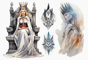 a Germanic queen wearing a simple iron crown, wearing a feather cloak, sitting on a simple stone throne tattoo idea