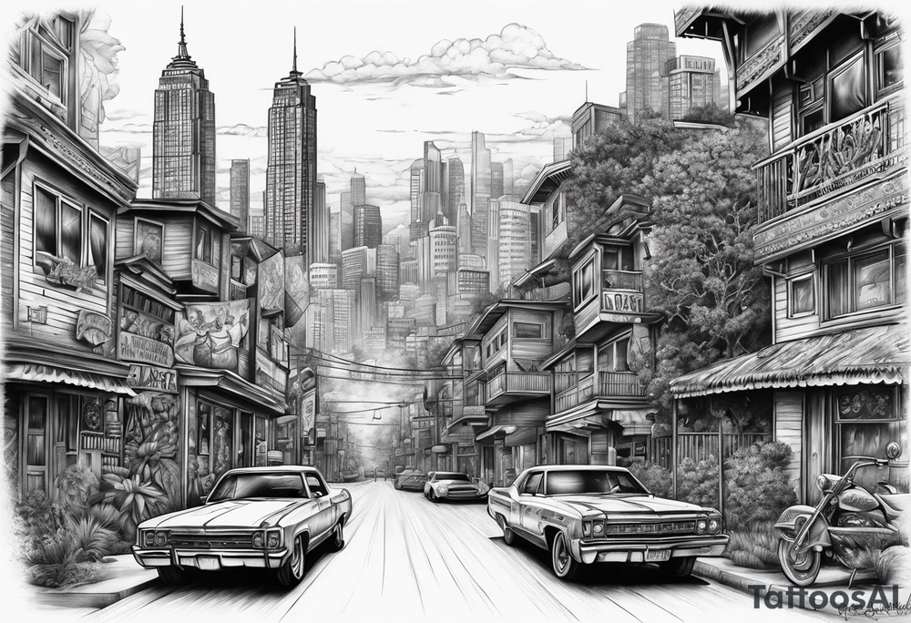 Chicano style 
city dayof dead
skyline



shootout tattoo idea