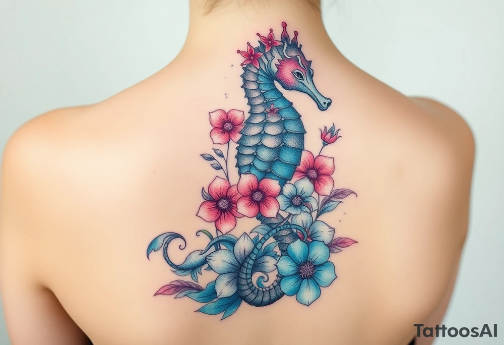 Sea horse flowers and waves tattoo idea