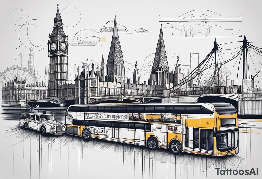 A minimalistic, abstract design capturing the architectural essence and vibe of London. Key elements of London’s skyline and structure are hinted at with clean lines, and subtle detailing includes personal touches, like a nod to Feid’s signature look (hat, glasses, mustache), integrated discreetly to honor a memorable concert experience. tattoo idea