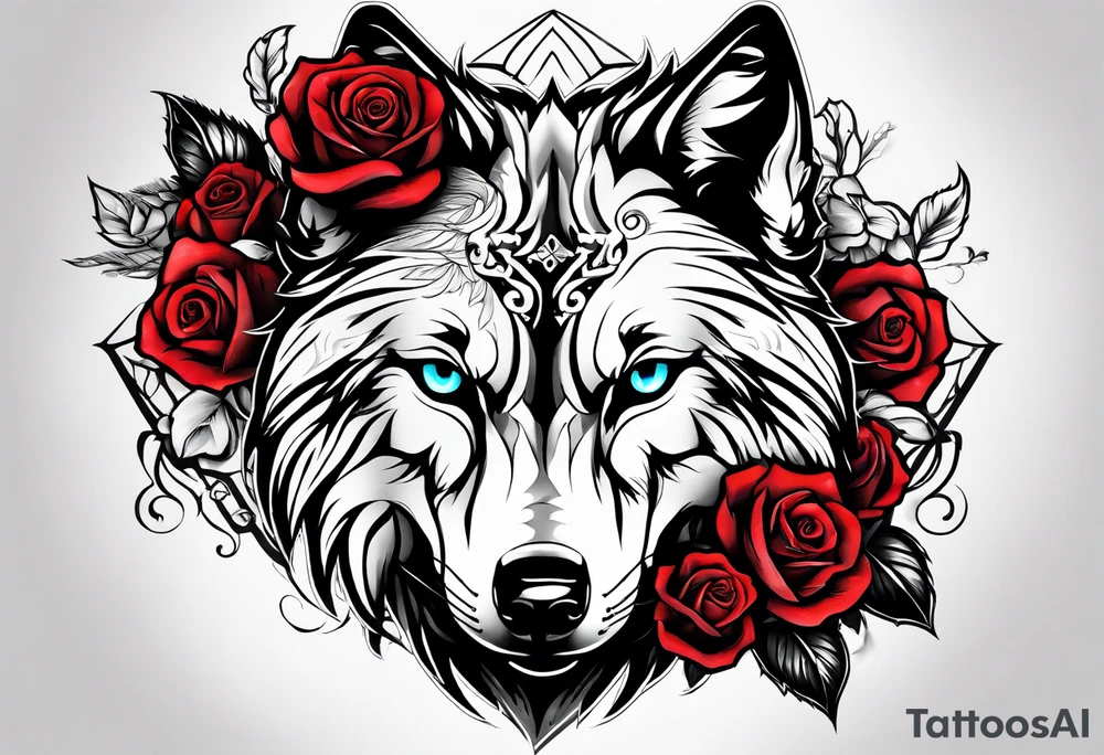 Wolf with skulls and roses tattoo idea