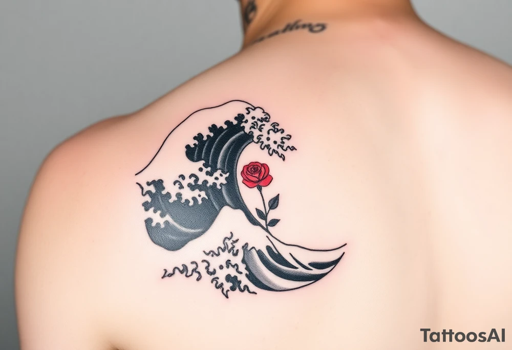 Shoulder tattoo of the Great Wave of Kanagawa in black and white with a small beautiful red rose with no stem in the space where the wave curves tattoo idea