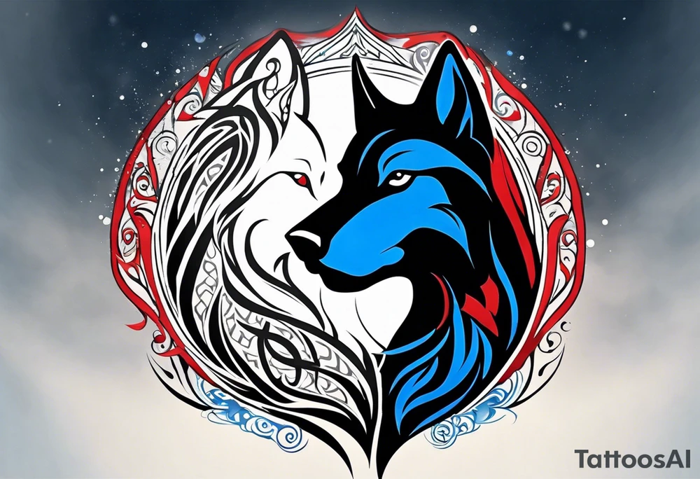 a tattoo whose main theme is balance but also resembles new begining, strong willpower, peace and loyalty. This should be for the front part of the shoulder. maybe add the ying-yang symbol somewhere in the tattoo. Tattoo should have an equal amount of blue and red along with the overall tattoo being black. In corporate a wolf into the tattoo, make sure it resembles ing and yang. wolf needs to look dangerous tattoo idea