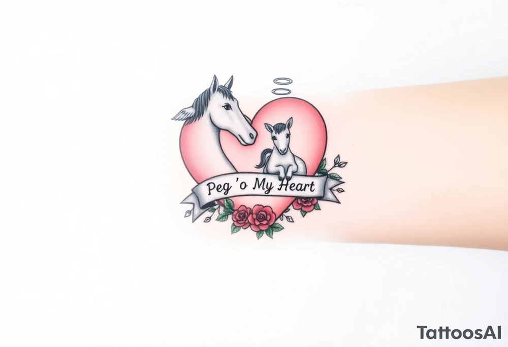 a big pale pink heart and a mare with wings and a halo and a colt with a bunch of green shamrocks, and red roses with a banner across the heart that says Peg 'o My Heart tattoo idea
