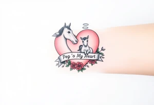 a big pale pink heart and a mare with wings and a halo and a colt with a bunch of green shamrocks, and red roses with a banner across the heart that says Peg 'o My Heart tattoo idea