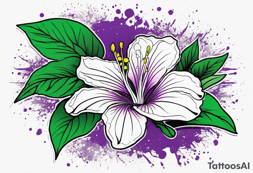 An outline of a rio dipladenia flower with a splatter green and purple background tattoo idea