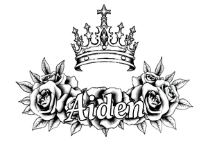 Medium size Kings crown above the name Aiden and roses tattoo idea