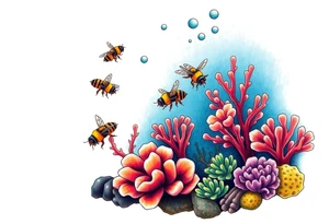 Coral reef scene with honey bees swimming tattoo idea