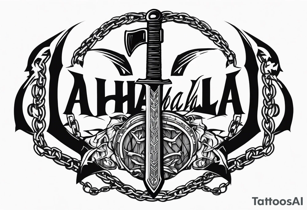 Valhalla sword round shield axe barbed wire chains tattoo idea