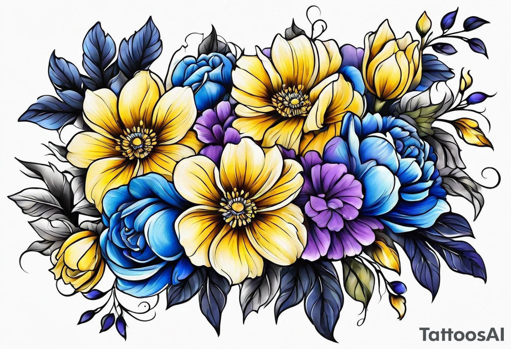 Blue yellow and purple flowers arm sleeve tattoo idea