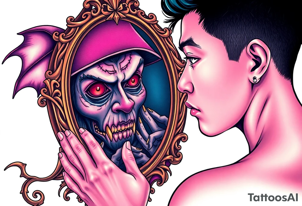 Handsome Asian young guy is looking in cursed mirror and see a witch tattoo idea