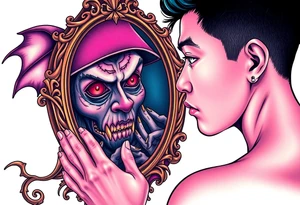 Handsome Asian young guy is looking in cursed mirror and see a witch tattoo idea