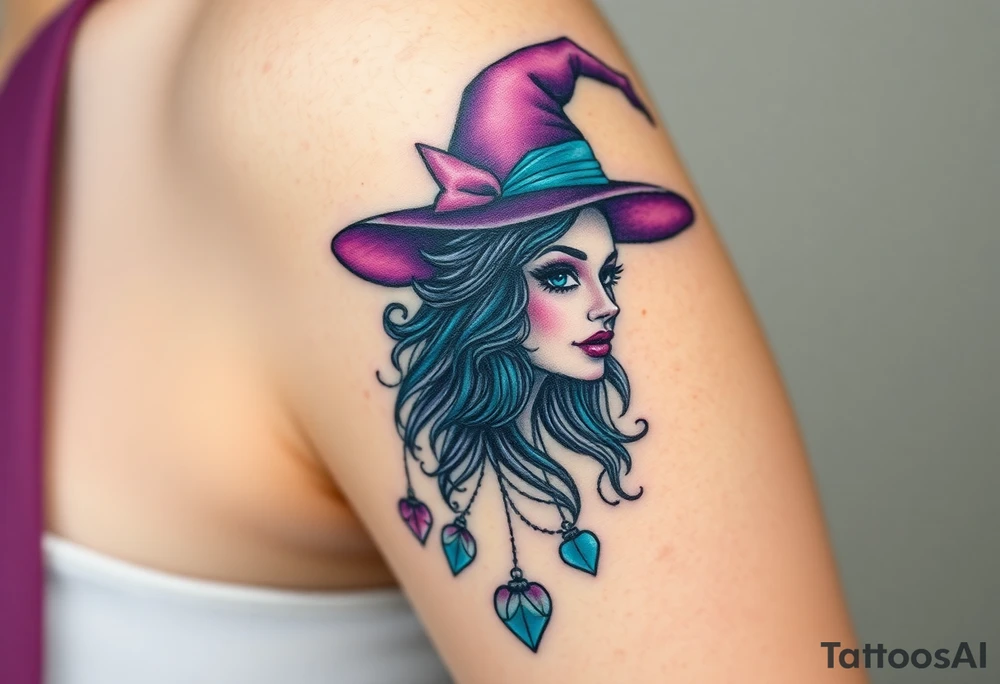 A witches portrait with purple and teal accents and halloween ornaments tattoo idea