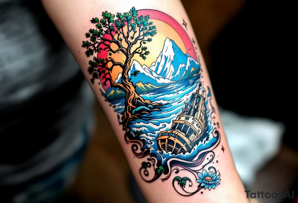 tattoo that has an acacia tree with mountains, ocean with a ship wreck tattoo idea