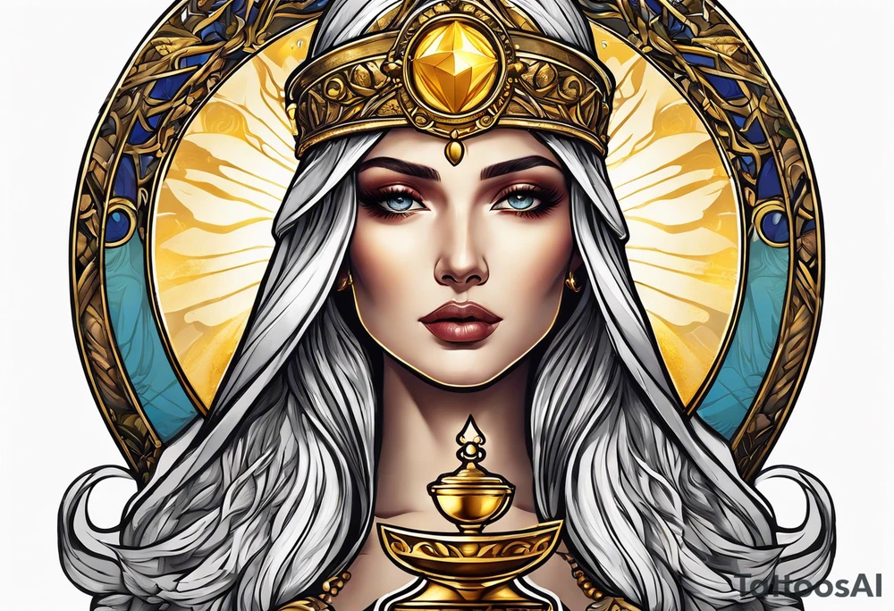 holy saint woman with golden halo holding a chalice tattoo idea