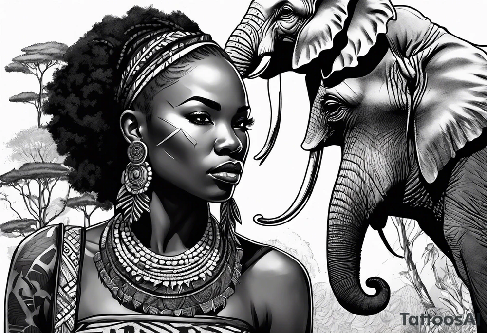 African woman warrior holding spear with deadlocks and earrings. Tribe marks on her face and tree Branch brids and Elephant in the background tattoo idea