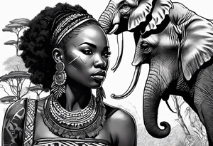 African woman warrior holding spear with deadlocks and earrings. Tribe marks on her face and tree Branch brids and Elephant in the background tattoo idea