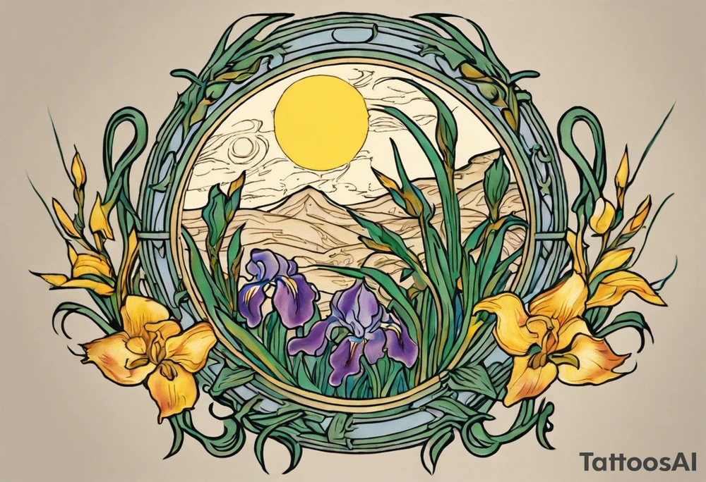 Create a colorful Vincent van Gogh Irises tattoo with Athena's shield and spear. The tattoo should take the form of a crescent, with vines gracefully intertwining at a central point in the middle of the wreath. Ensure that the design avoids the appearance of a bush and maintains a more structured and deliberate arrangement. The intended placement is on the upper chest. The overall design should be small in size while maintaining a delicate and artistic aesthetic. Pay attention to the graceful flow of the vines and the placement of the irises to achieve a refined and elegant look. tattoo idea