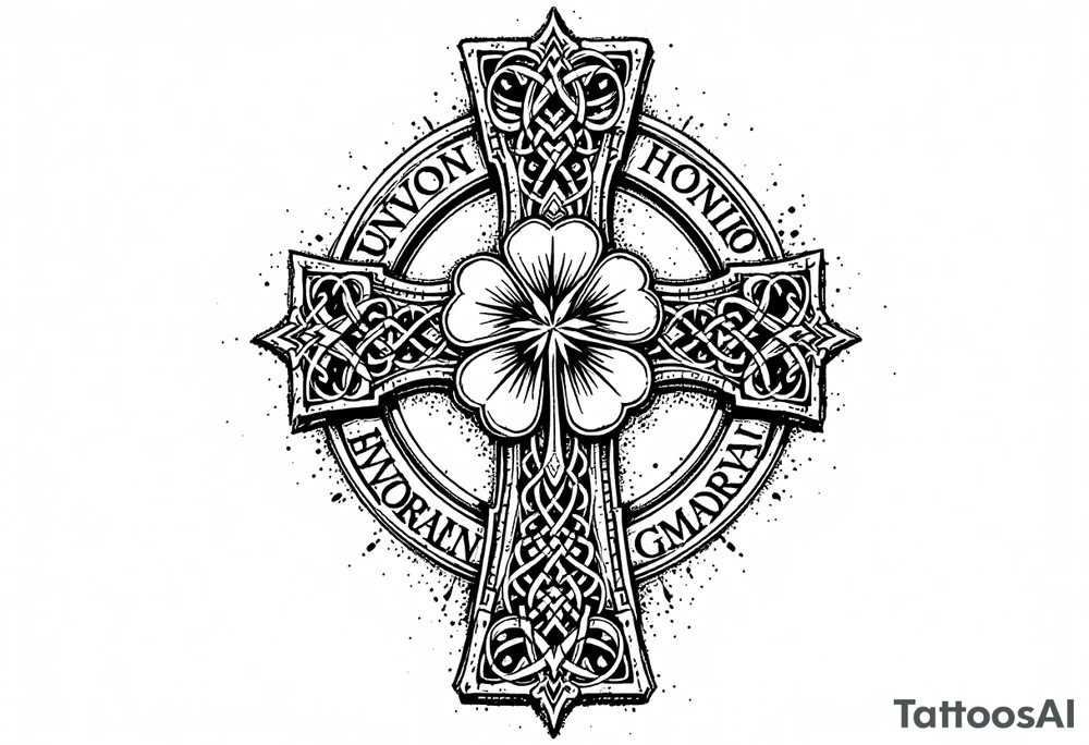 an irish inspired celtic cross with a four leaf clover in the middle surrounded by celtic knots and roman numerals tattoo idea