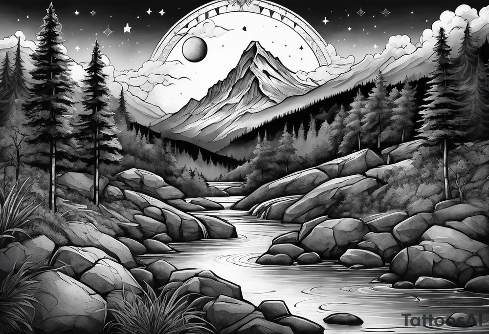 a family of three sitting in a nature with mountains, waterfall, water, and a cross in the background and a sun and moon in the sky with stars tattoo idea