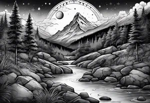 a family of three sitting in a nature with mountains, waterfall, water, and a cross in the background and a sun and moon in the sky with stars tattoo idea