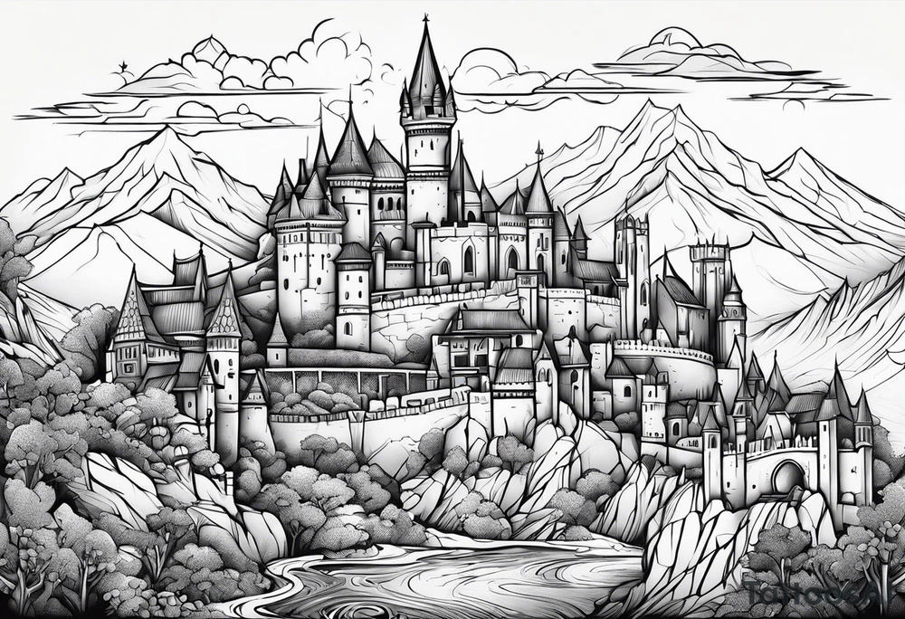 medieval tribal city land vignette tattoo idea