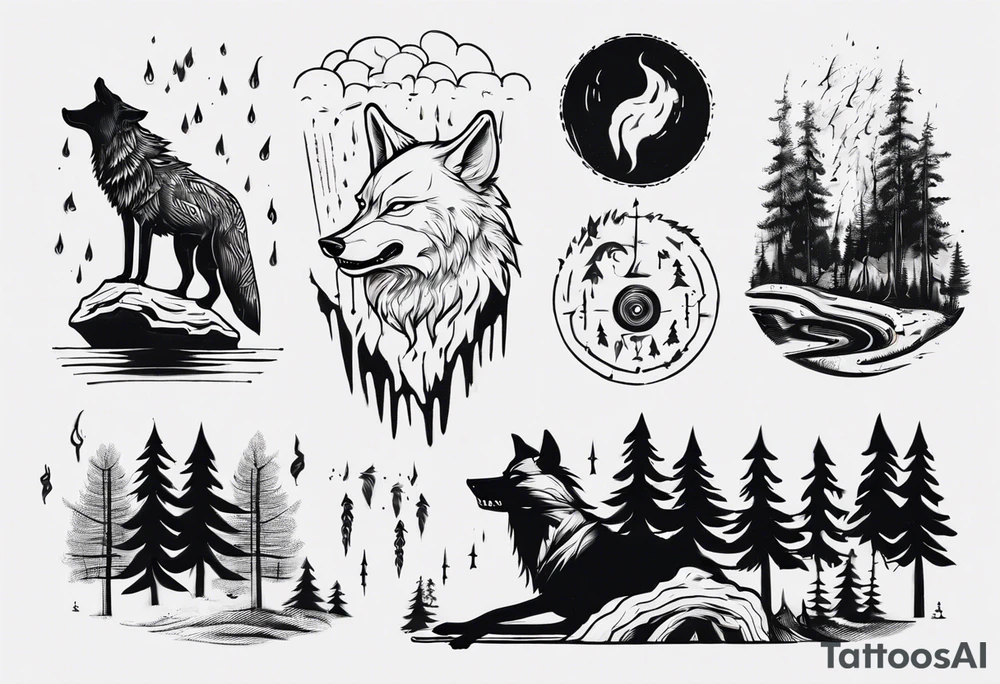 thunderstorm over a forest with a wolf howling on drums tattoo idea