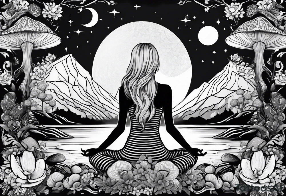 Straight blonde hair girl meditating facing away toward mountains surrounded by mushrooms crescent moon mandala circular design black and white striped dress tattoo idea