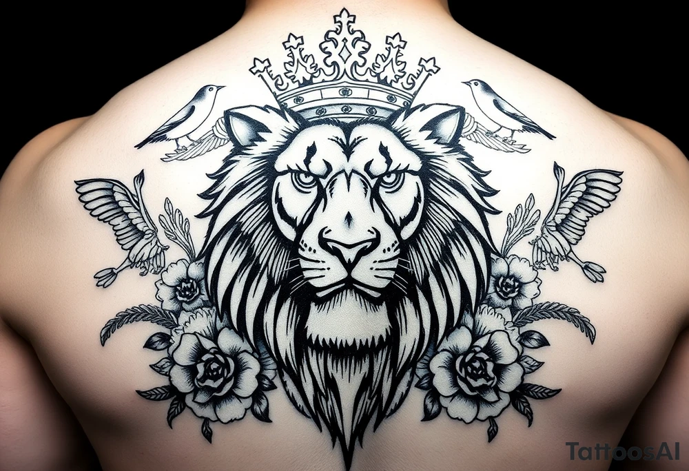 powerful majestic lion with a crown, surrounded by floral ornaments and birds tattoo idea