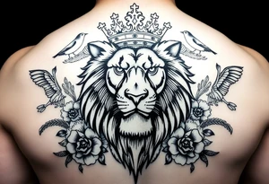 powerful majestic lion with a crown, surrounded by floral ornaments and birds tattoo idea