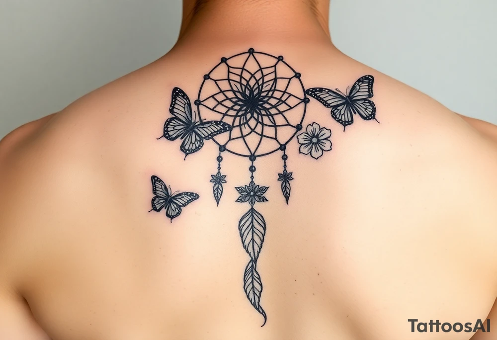 Simple dream catcher with butterflies and flowers tattoo idea