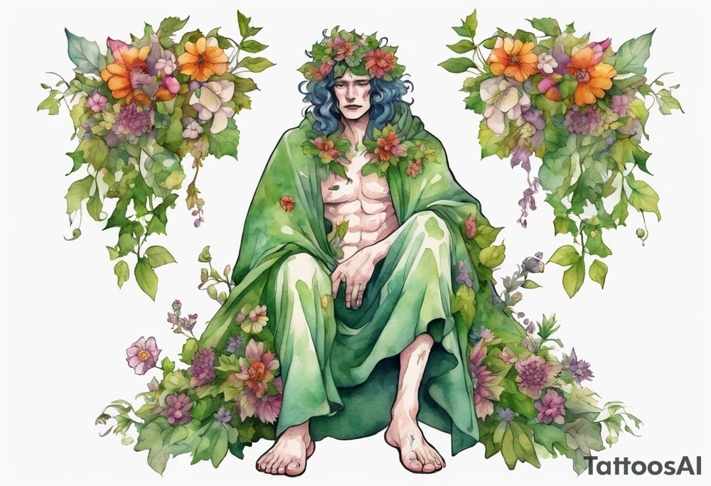 Dionysus covered in flowers and leaves wearing a cloak and mossy slippers tattoo idea