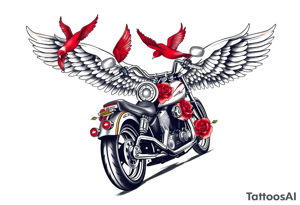 Harley grey motorcycle driving away, two red birds flying, roses, flames, angel wings tattoo idea