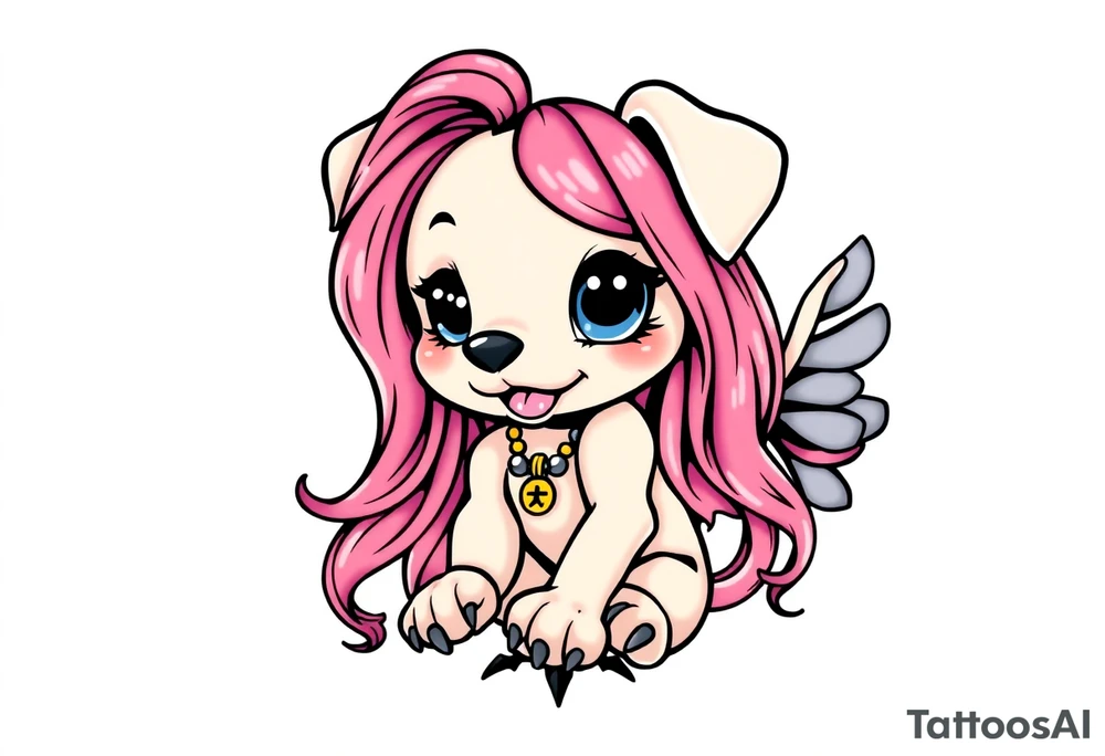 goth hot puppy girl with big boobs and pink hair full human body tattoo idea