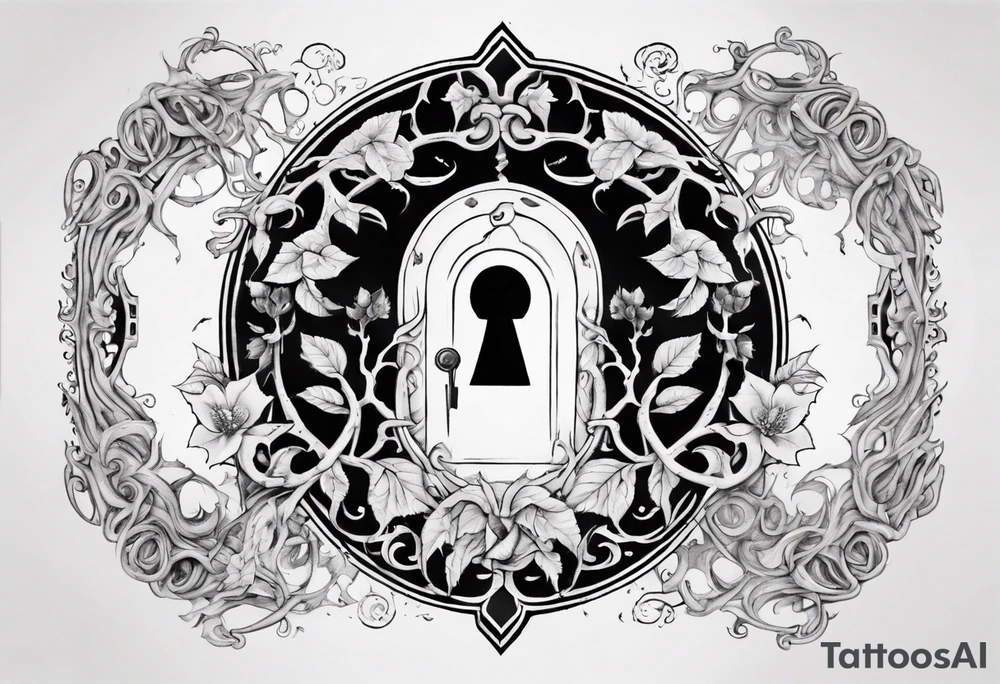 an intricate keyhole surrounded by elements like vines, and Inside the keyhole, incorporate personal symbols or imagery that hold significance to the individual. tattoo idea