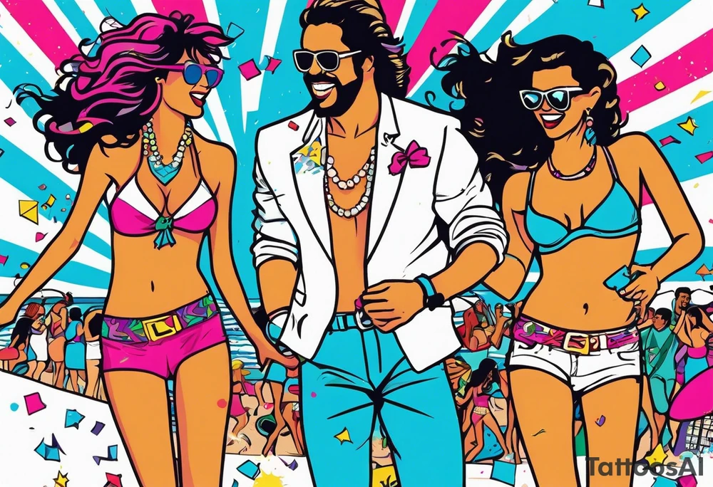 1980's miami vice style beach dance 
party, include confetti, music notes, boom box, bikinis tattoo idea