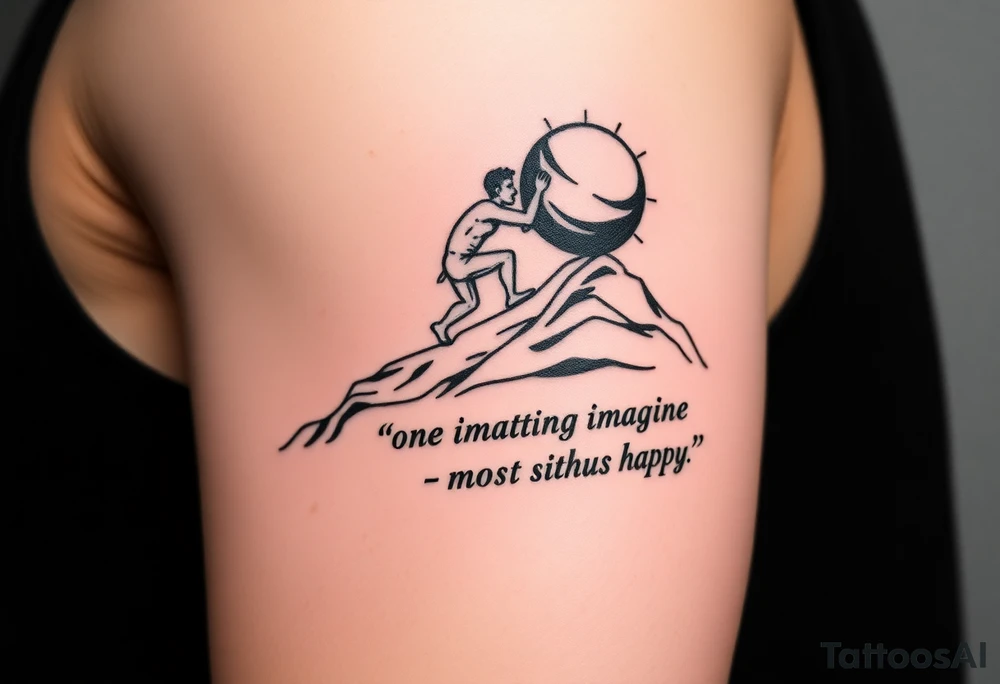 I want to get a tattoo. Unsure of where so give me ideas. It’s centered around the myth of Sisyphus and need help with how to design it. But I know I want it to resemble the story so maybe a man pushing a boulder up a hill with a couple other tiny details. Then I want the words from the quote “one must imagine Sisyphus happy.” I want ideas for a design that will encapsulate the story of Sisyphus tattoo idea
