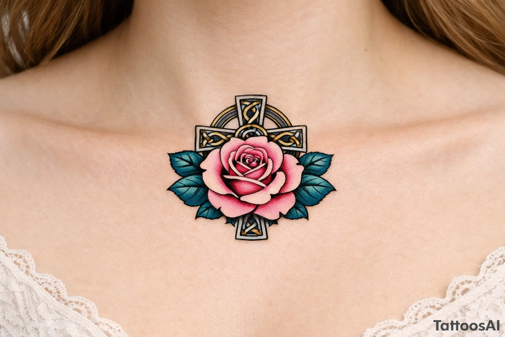 Pink rose , petrol leaves no stem, Celtic cross behind it tattoo idea