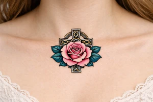 Pink rose , petrol leaves no stem, Celtic cross behind it tattoo idea