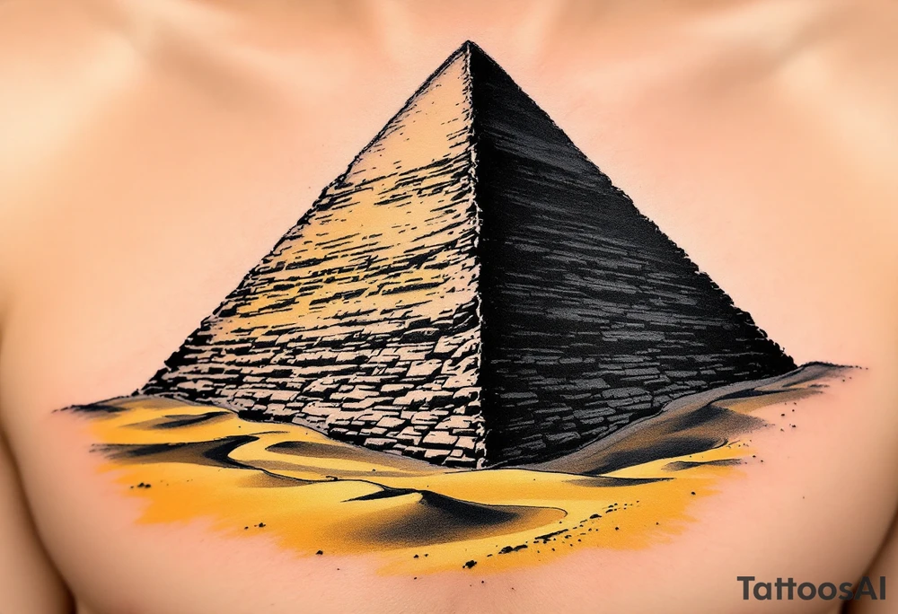 A jet-black pyramid casting a shadow over a golden sand dune. tattoo idea