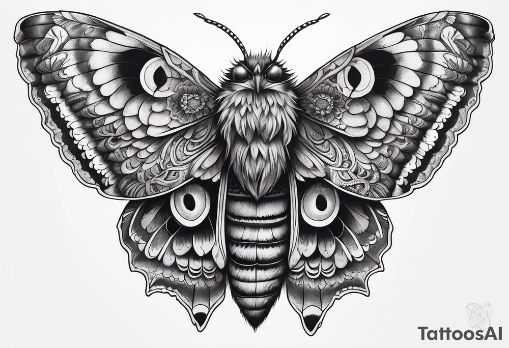 Dead head moth with long wings and owl eyes tattoo idea