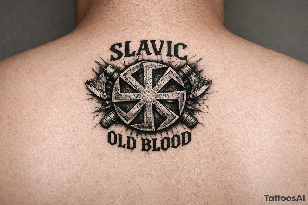 Slavic kolovrat with old blood written and Slavic written tattoo idea