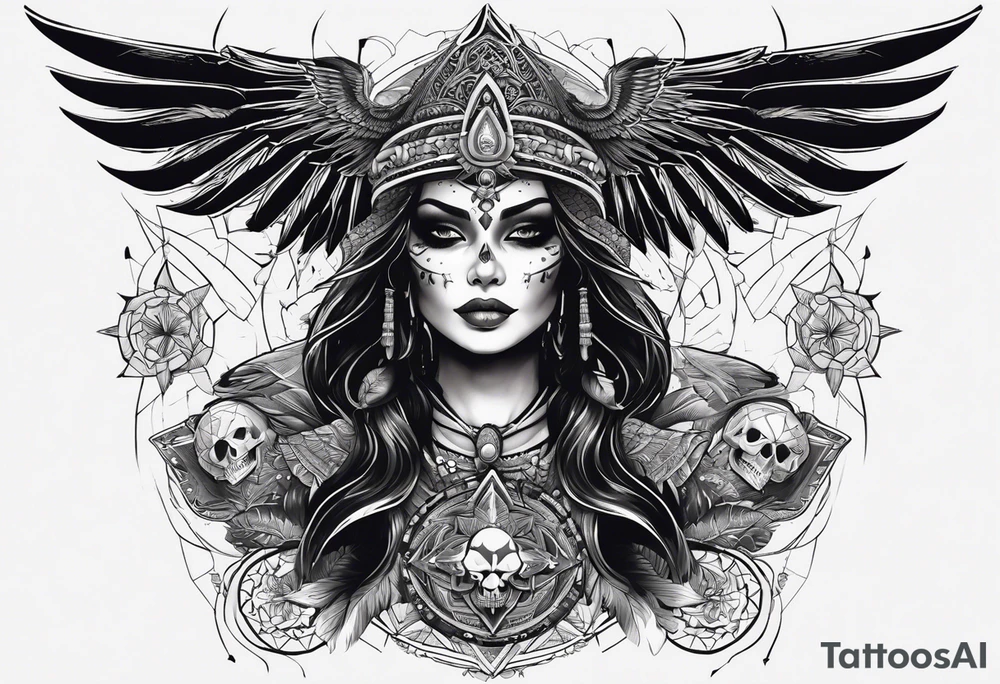 black kali, goddess pirate, alien, pachamama, valkrye, warrior, skull, lotus azul, wing, eagle, zenza resonance, stars, 5D tattoo idea