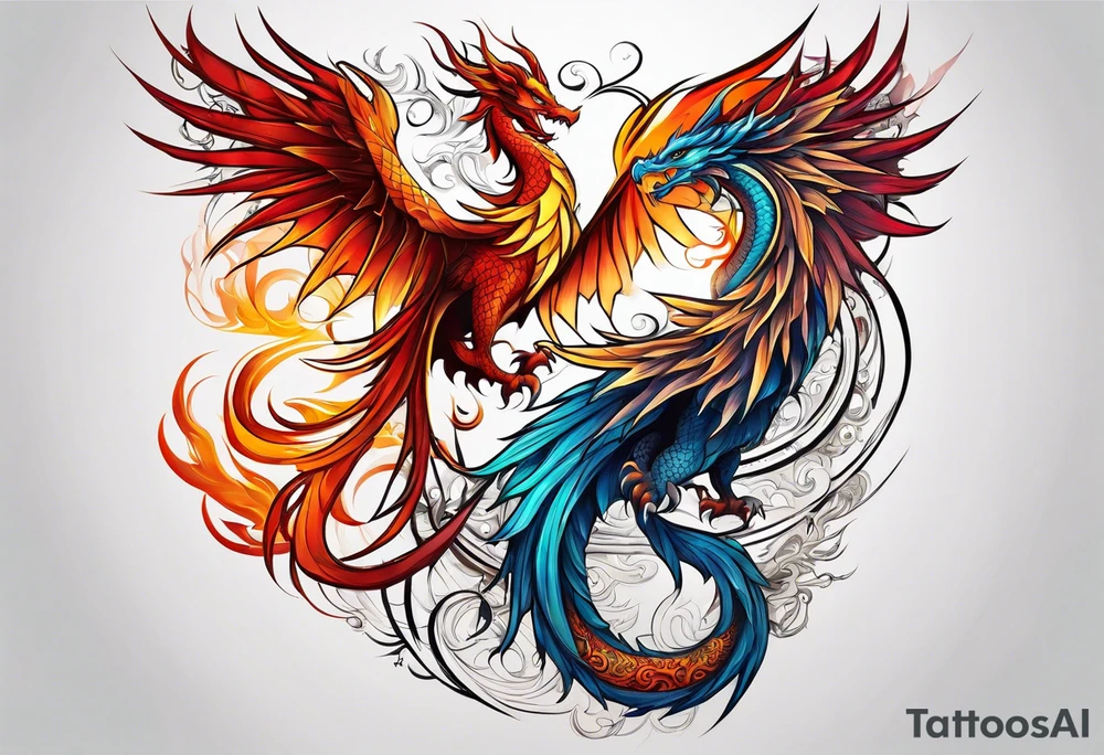 majestic  dragon and phoenix  in harmony and balance tattoo tattoo idea