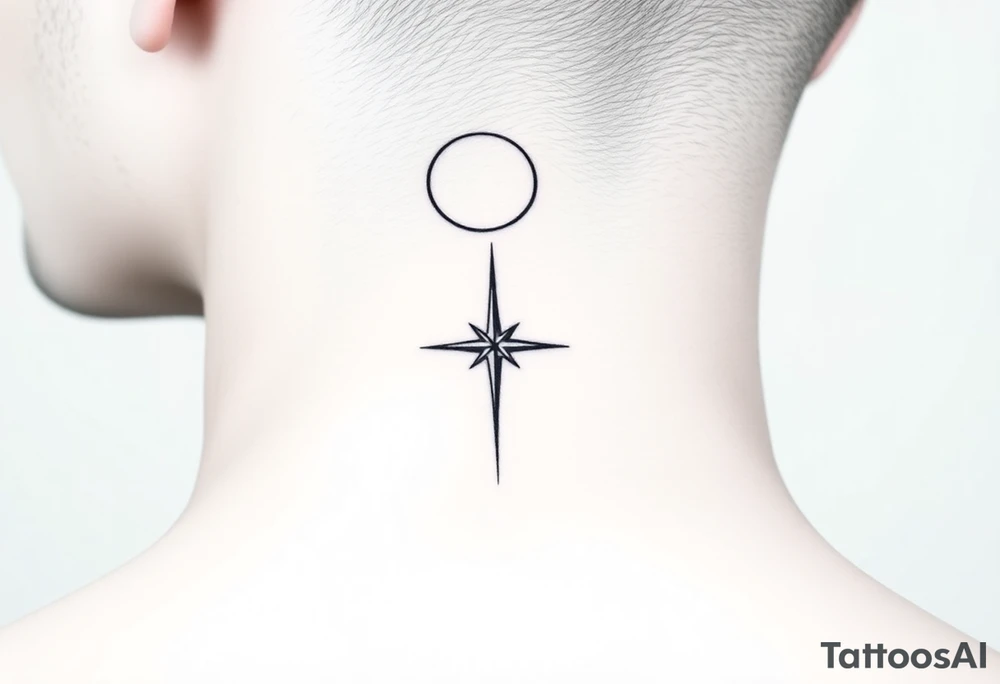 A minimalist crescent moon neck tattoo positioned just behind the ear. The crescent moon is thin and curves to the left. A sharp vertical line extends downward from the inner curve of the moon, intersecting with a symmetrical starburst shape at the center of the line. The starburst has four points — the top and bottom points are elongated, while the horizontal points are shorter, giving it a sleek and modern look. The design features clean, thin lines with a slightly hand-drawn feel, combining celestial and geometric elements. The tattoo follows the natural curve of the neck, giving it an elegant and balanced appearance. tattoo idea