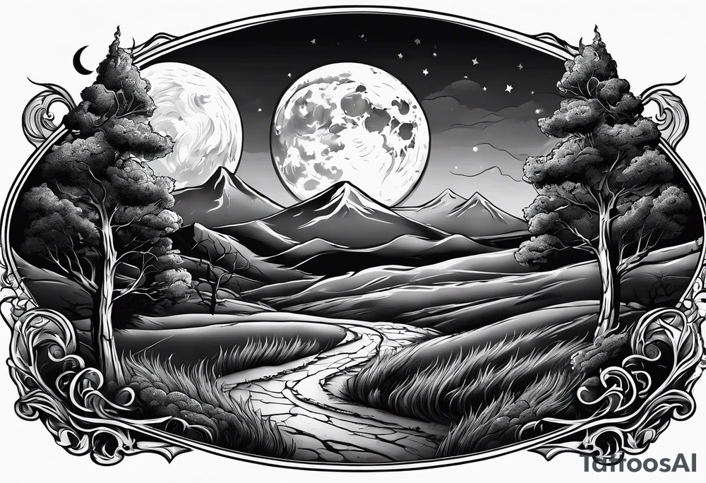 Graveyard with moon and smoke  on hills tattoo idea