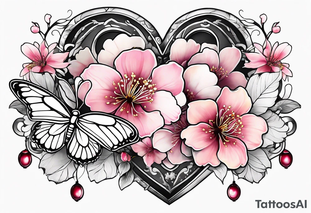 Cherry Blossom Tattoo with a key that unlocks a heart surrounded by white butterflies and in a golden aura tattoo idea