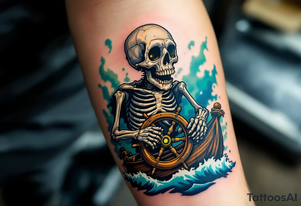 Skeleton Helmsman – A decayed pirate skeleton, gripping the wheel of a wrecked ghost ship, surrounded by misty blue and green fog. His hollow sockets burn with an undead curse, while the ship sails through stormy waves. tattoo idea